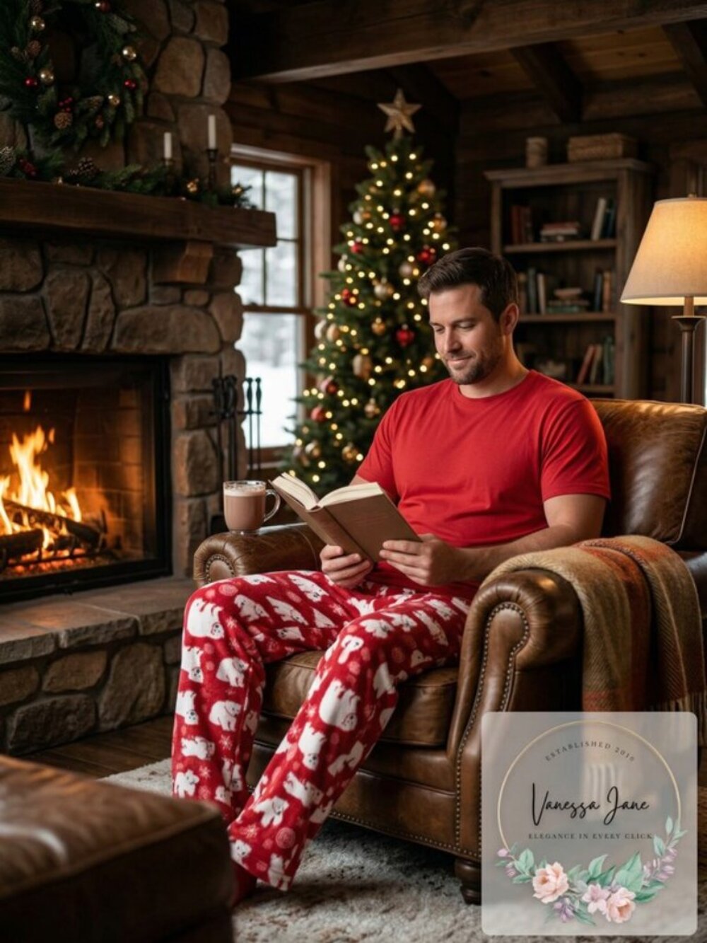 Karen Neuburger Men's Holiday PJ Set Bear Flakes, Red/ L